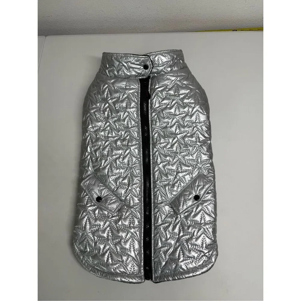 Novogratz Pets Zip Up Jacket Silver Metallic Quilted Coat Dog Size L